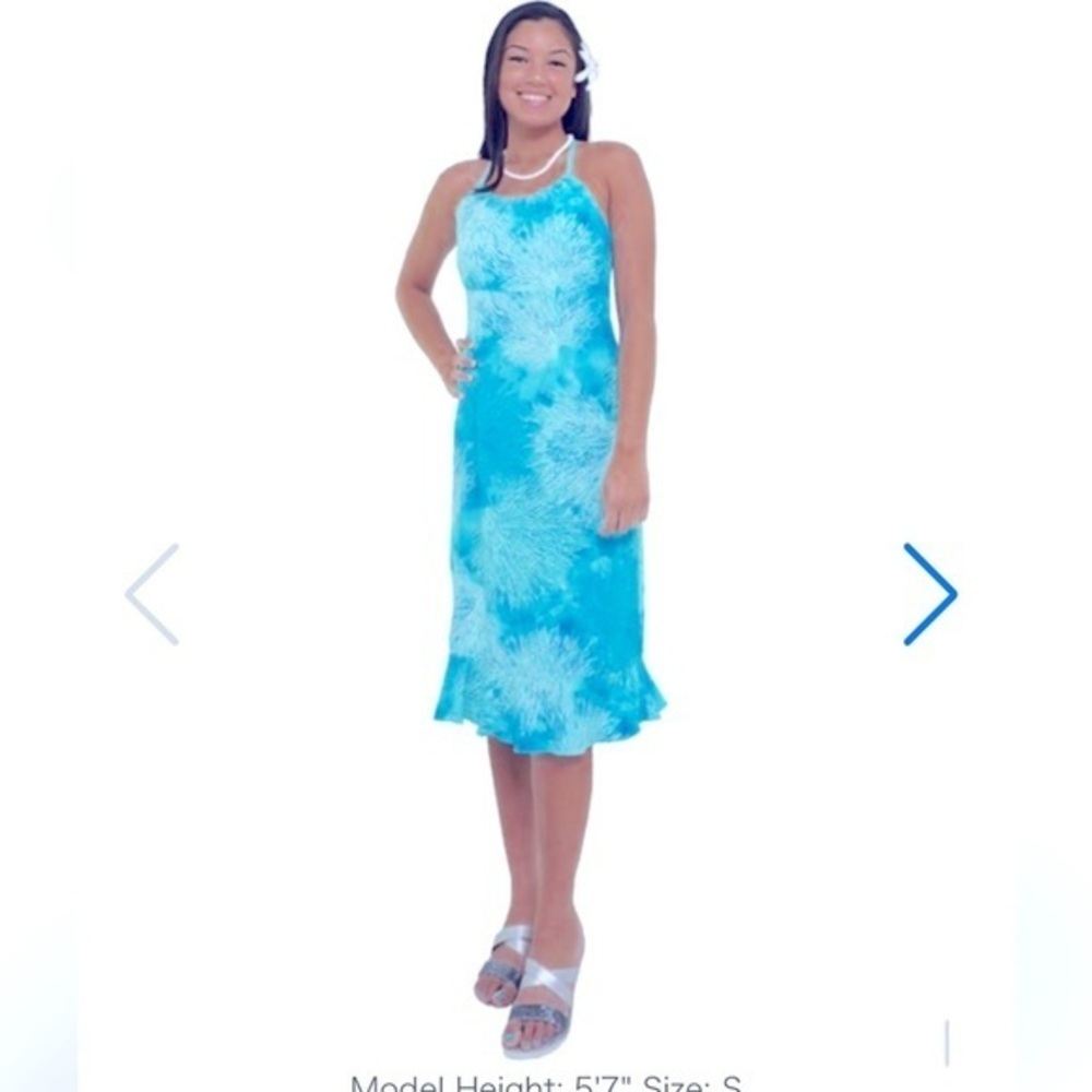 Hilo Hattie Sz medium Hawaiian blue coral Sea Green Spaghetti Strap Midi Dress